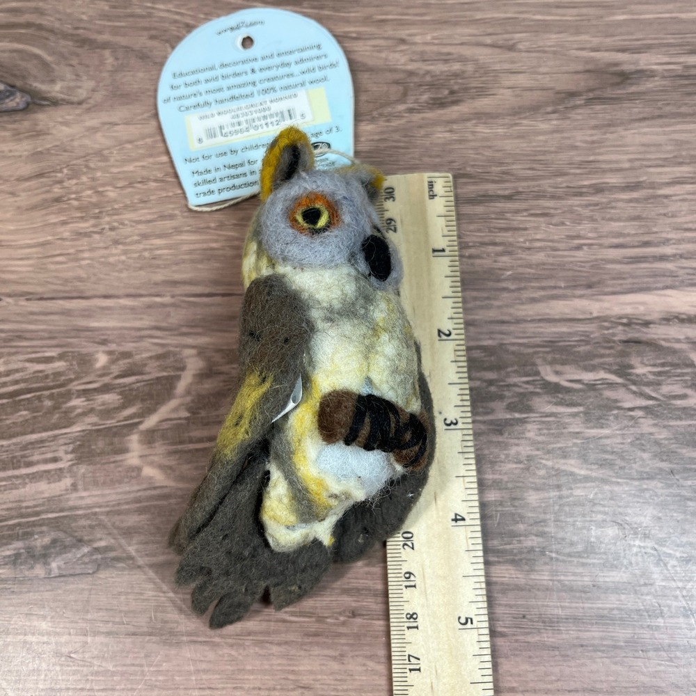 Wild Woolies Great Horned Owl Ornament Brown Yellow Felted Wool Fair Trade NEW - Picture 9 of 9